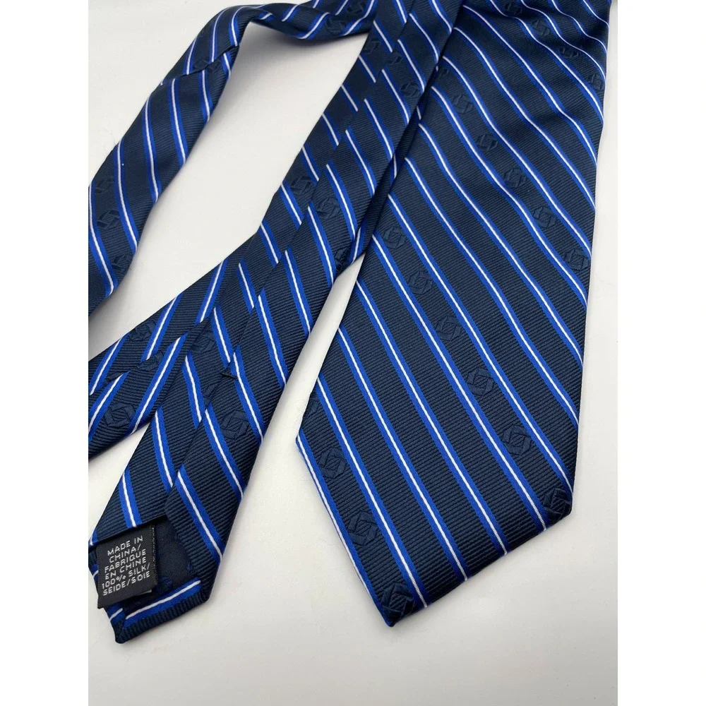 Lands End Mens Navy Blue Striped Silk Necktie Geometric Jacquard Classic Tie